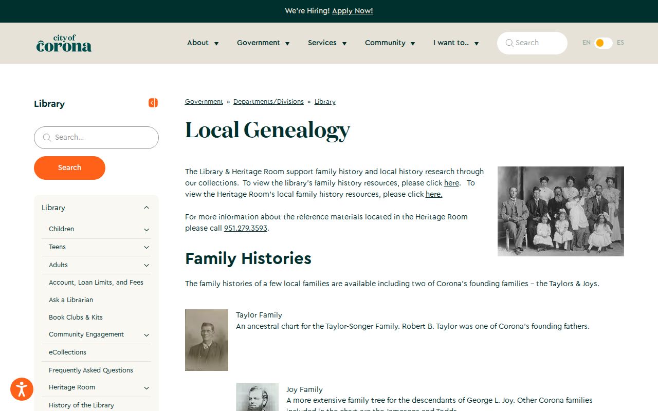 Norco residents directory Corona Heritage Room genealogy collections