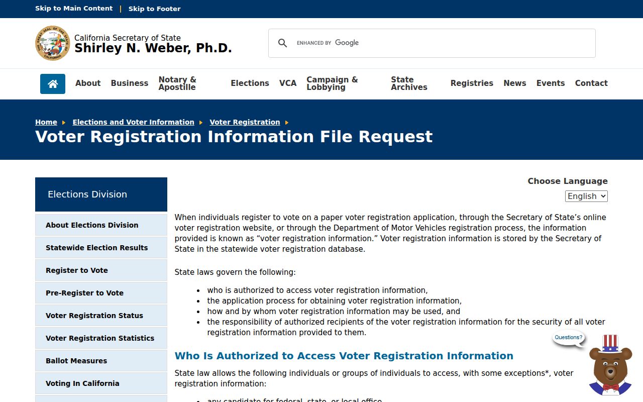 California voter file request rules for a Norco neighbors lookup