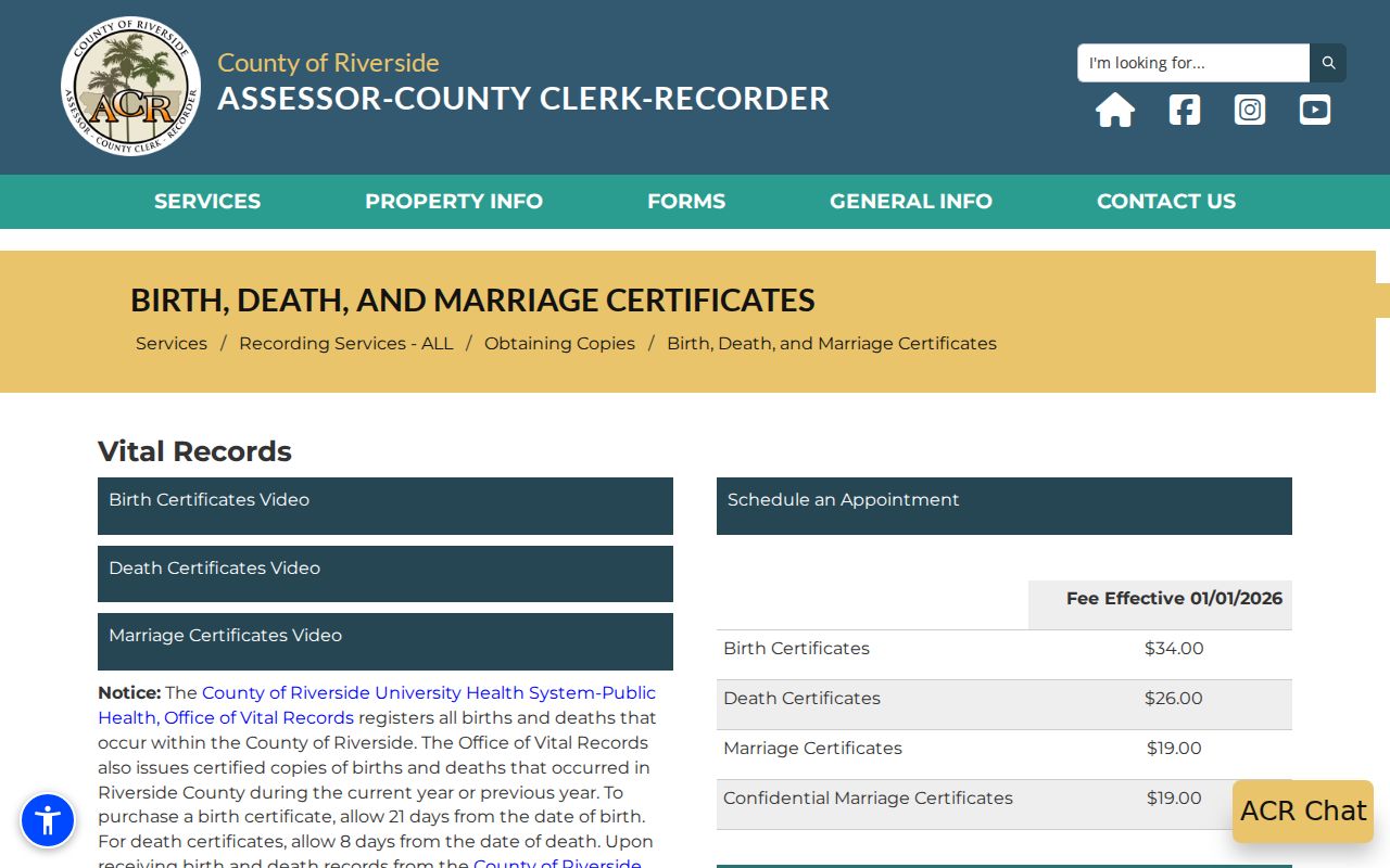 Norco previous residents Riverside County vital certificate gateway
