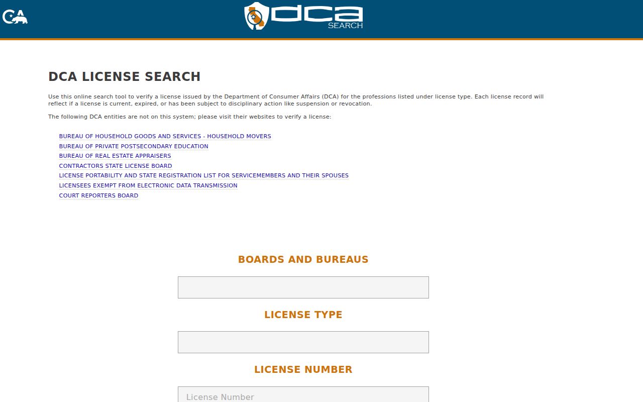 Norco resident search using the California professional license search