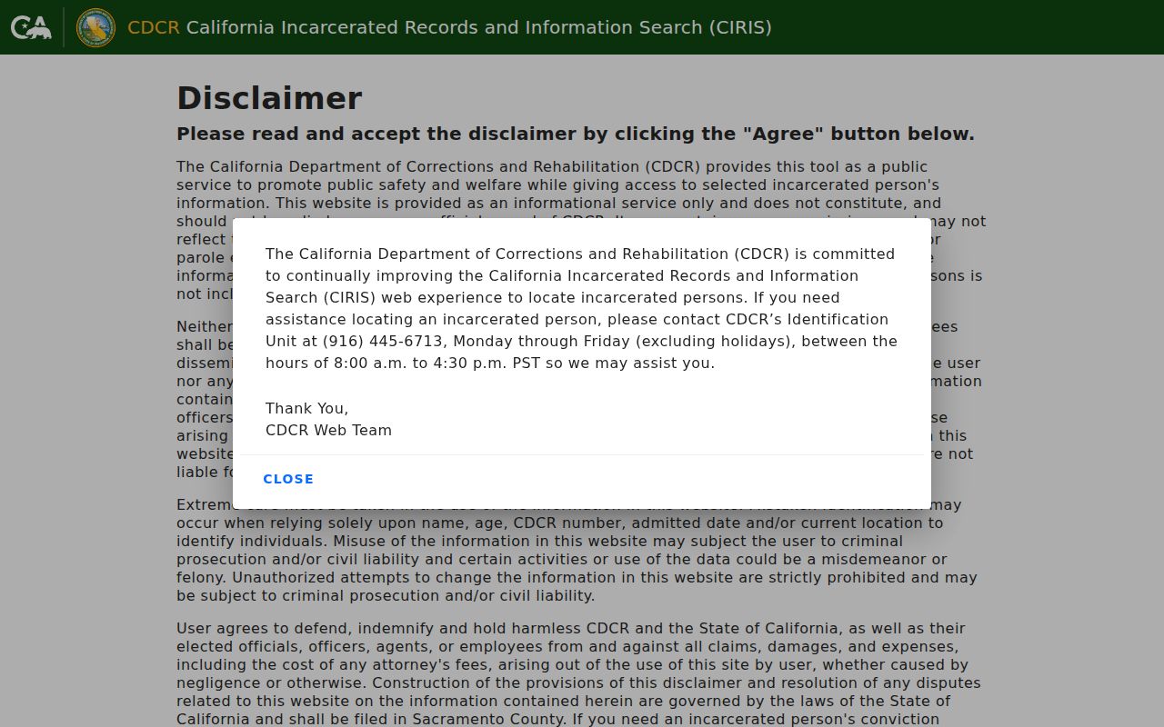 Norco resident search reference to the California CDCR CIRIS locator